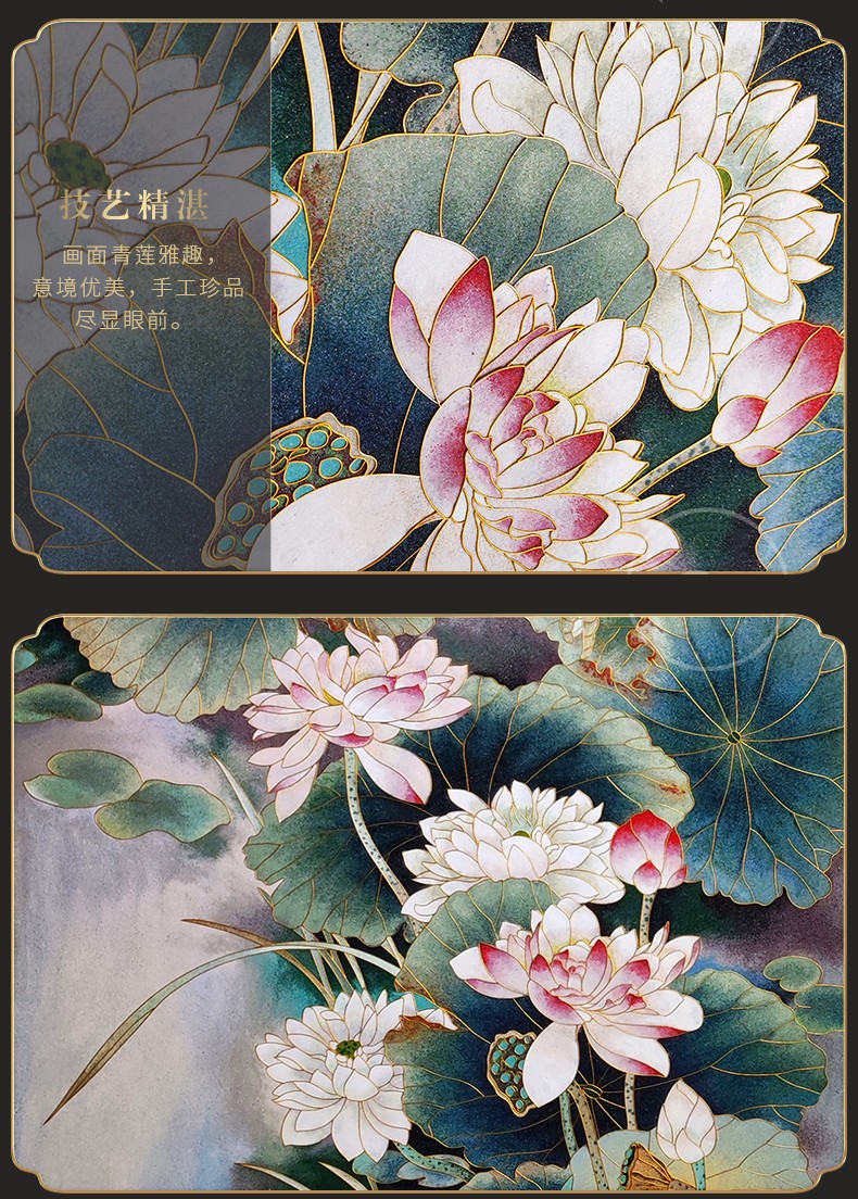 汉宫玄关壁画进门墙中式荷花莲花画茶楼珐琅彩青莲花卉竖版饭厅装饰画