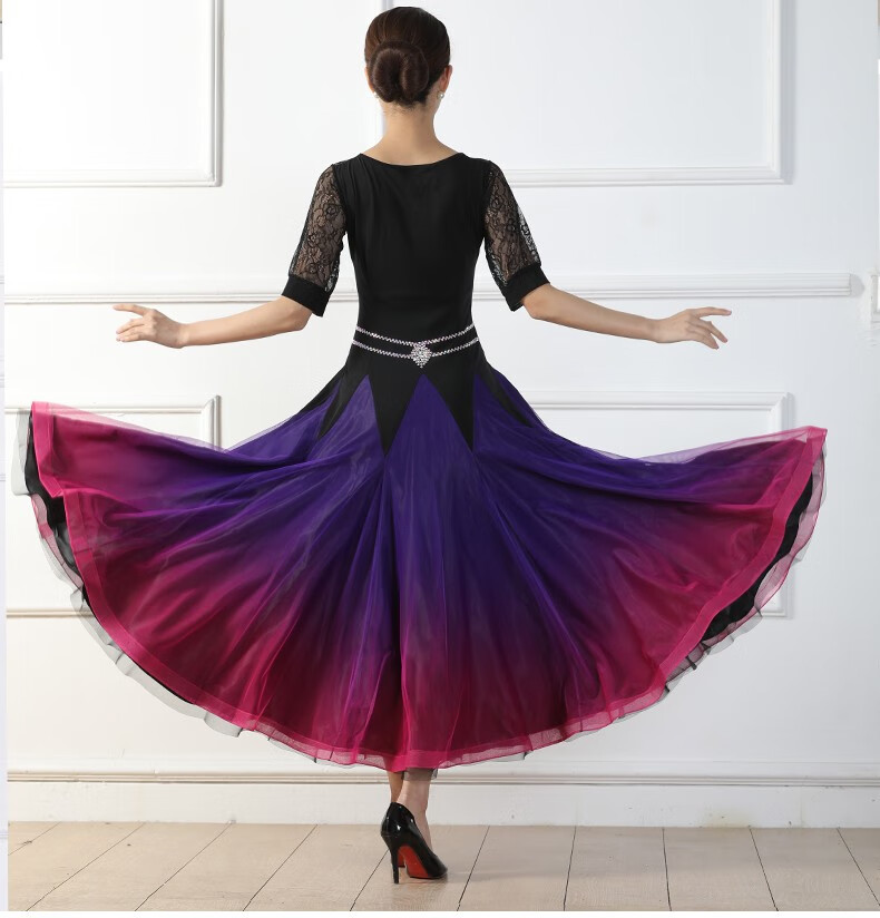 新款舞蹈大摆裙国标舞演出服装摩登舞裙子交谊舞渐变色连衣裙紫色s