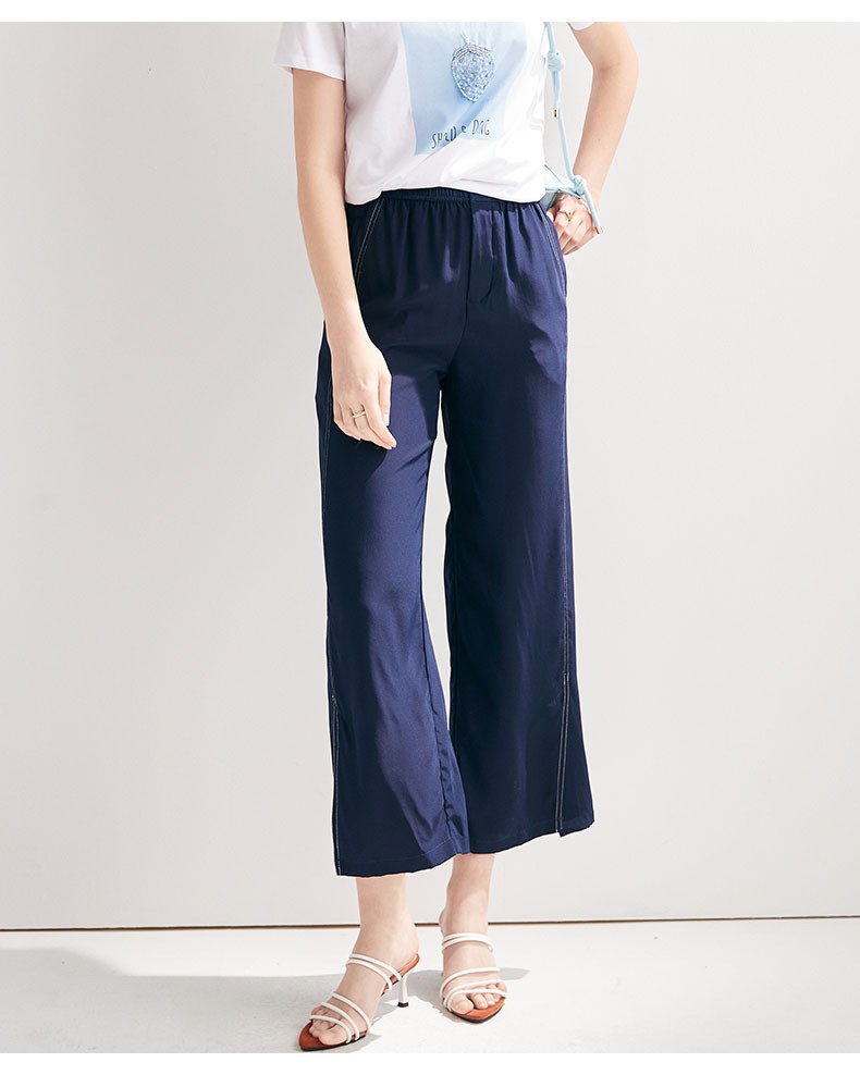 帕罗真丝显瘦休闲裤纠九分伦新品女士100桑蚕丝裤子es2101j黑色l