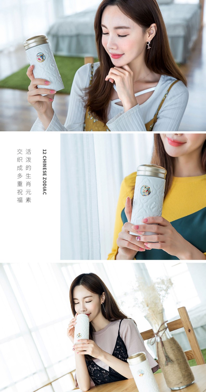 乾唐轩官方店活瓷十二生肖陶瓷杯随行水杯子300ml双层杯盖可刻字蛇牙