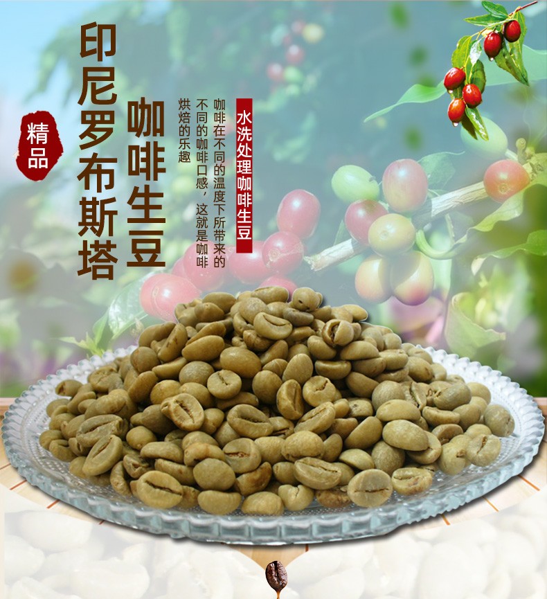 绿之素印尼wib罗布斯塔咖啡生豆原料印度尼西亚进口生咖啡豆500g