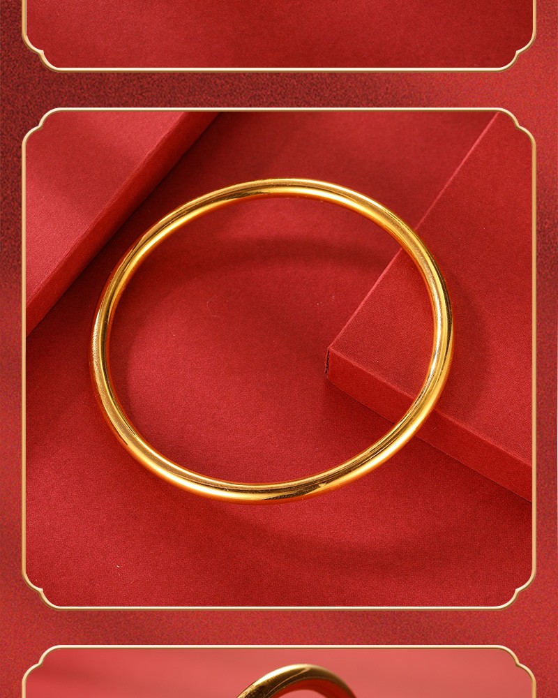 中国黄金黄金手镯3d硬金足金光面素圈手镯子女款时尚镜面送老婆生日