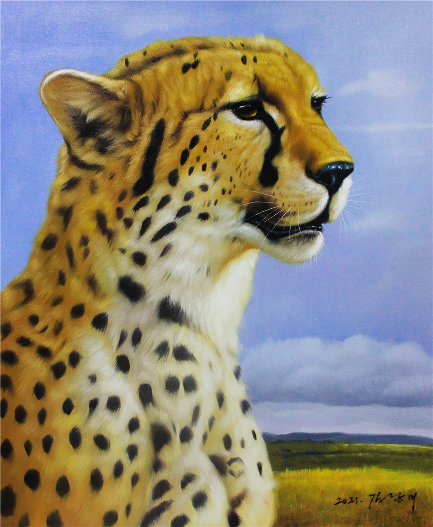 朝鲜一级画家 金京美《豹》g1537 油画 装饰收藏