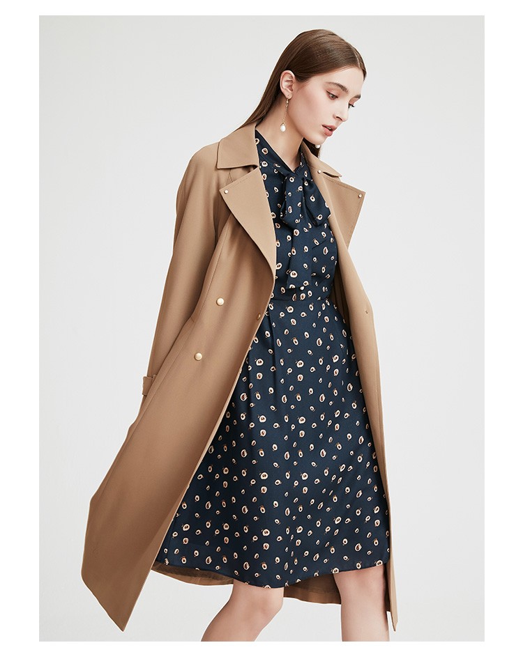 landi蓝地2021秋季新款卡其翻领亮丝高级感气质风衣女中长款外套dlvq