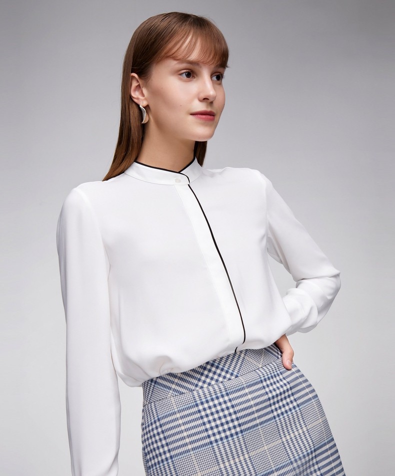 g2000女装21秋季撞色辑明线小立领设计简约长袖衬衫休闲上衣16741220