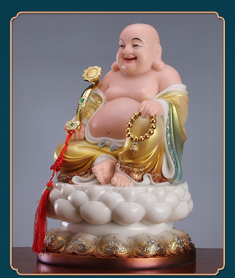 圆通佛具弥勒佛像汉白玉彩绘大肚笑佛笑口常开弥勒佛摆件笑纳八方财