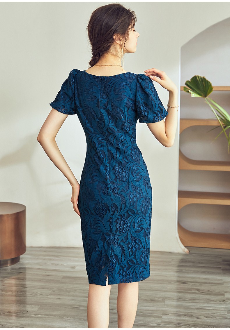 罗衣优雅泡泡袖蕾丝连衣裙女夏装新款孔雀蓝修身包臀裙04398孔雀蓝s