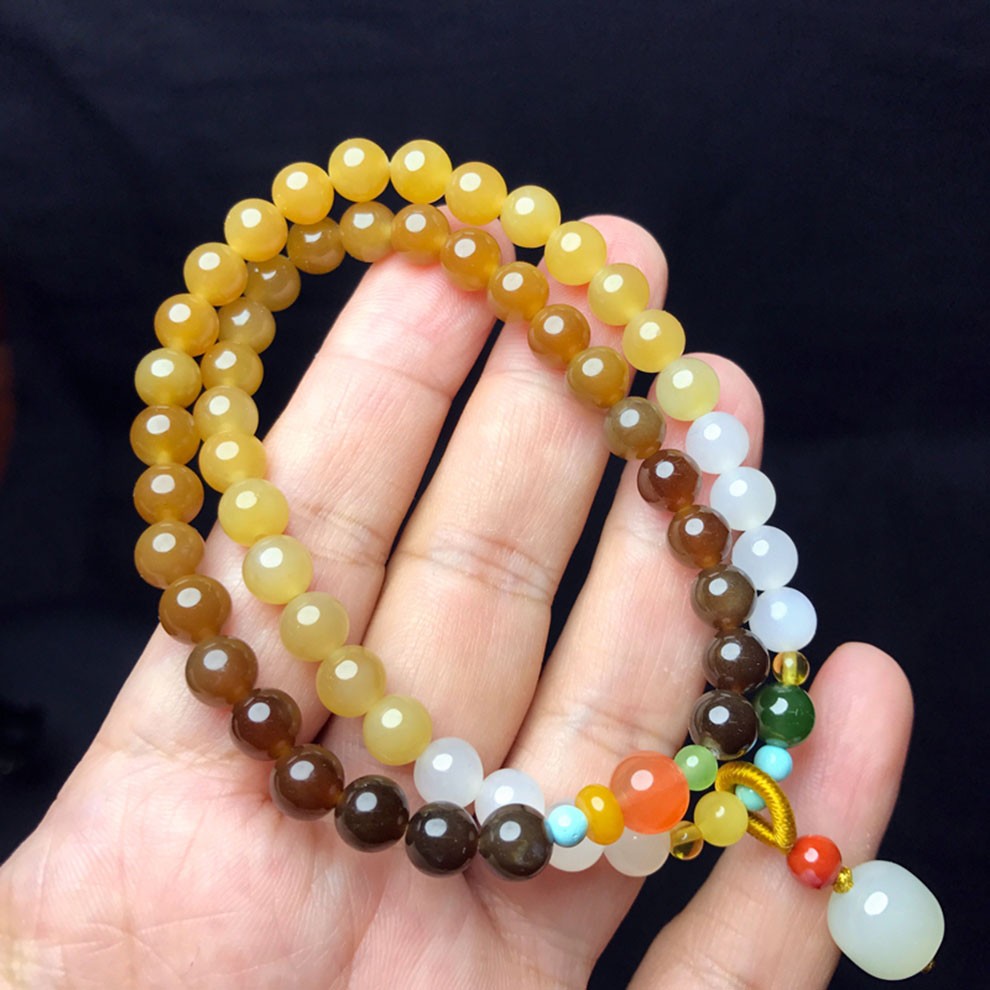 玉之舞 天然新疆和田且末糖玉手串 糖料渐变手串 蜜蜡多宝饰手链带