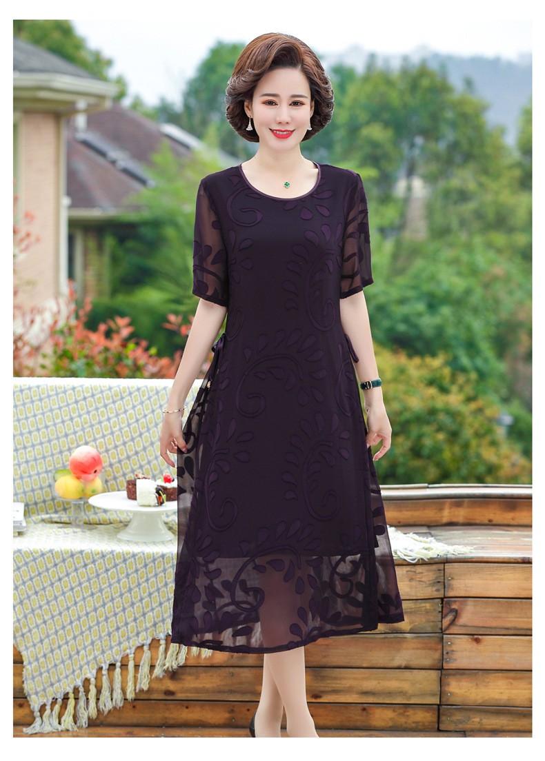 中年连衣裙夏季40至50岁新款洋气妈妈夏装短袖雪纺时尚双层长款过膝