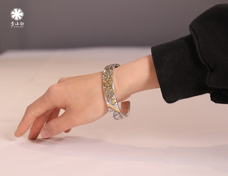 李小白 银手镯 9999银饰品 纯手工制作 刻花手镯 大师刻花手镯 65克