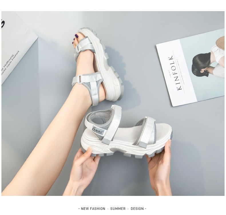 奥古狮登凉鞋女潮流新款便捷魔术贴5cm增高显瘦舒适百搭312027白绿40