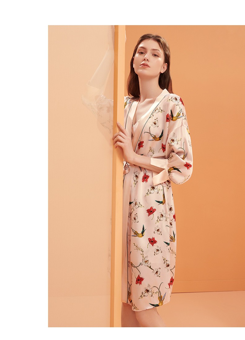 金三塔睡衣女真丝印花休闲七分袖睡袍家居服ysfbc105鸟啼花落0418xl
