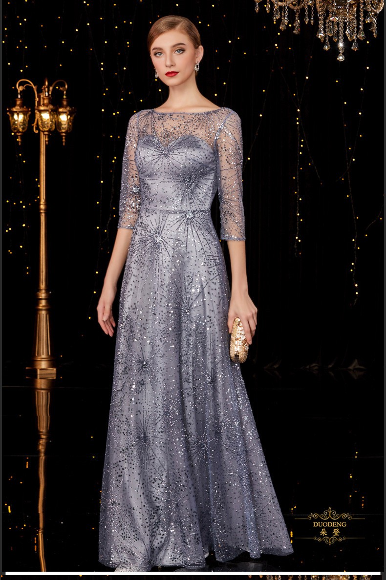 朵登品牌银灰色礼服长款舞台音乐会演出服钢琴演奏优雅大气晚宴会晚