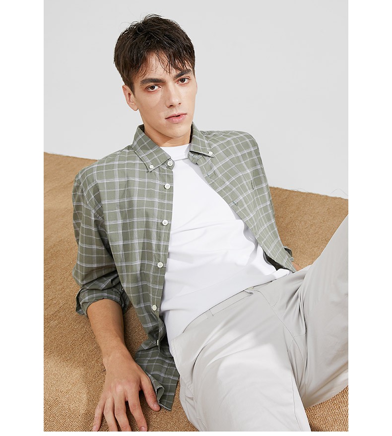 beanpole滨波秋季新品男士棉质格纹韩国设计小窗格长袖衬衫卡其色180