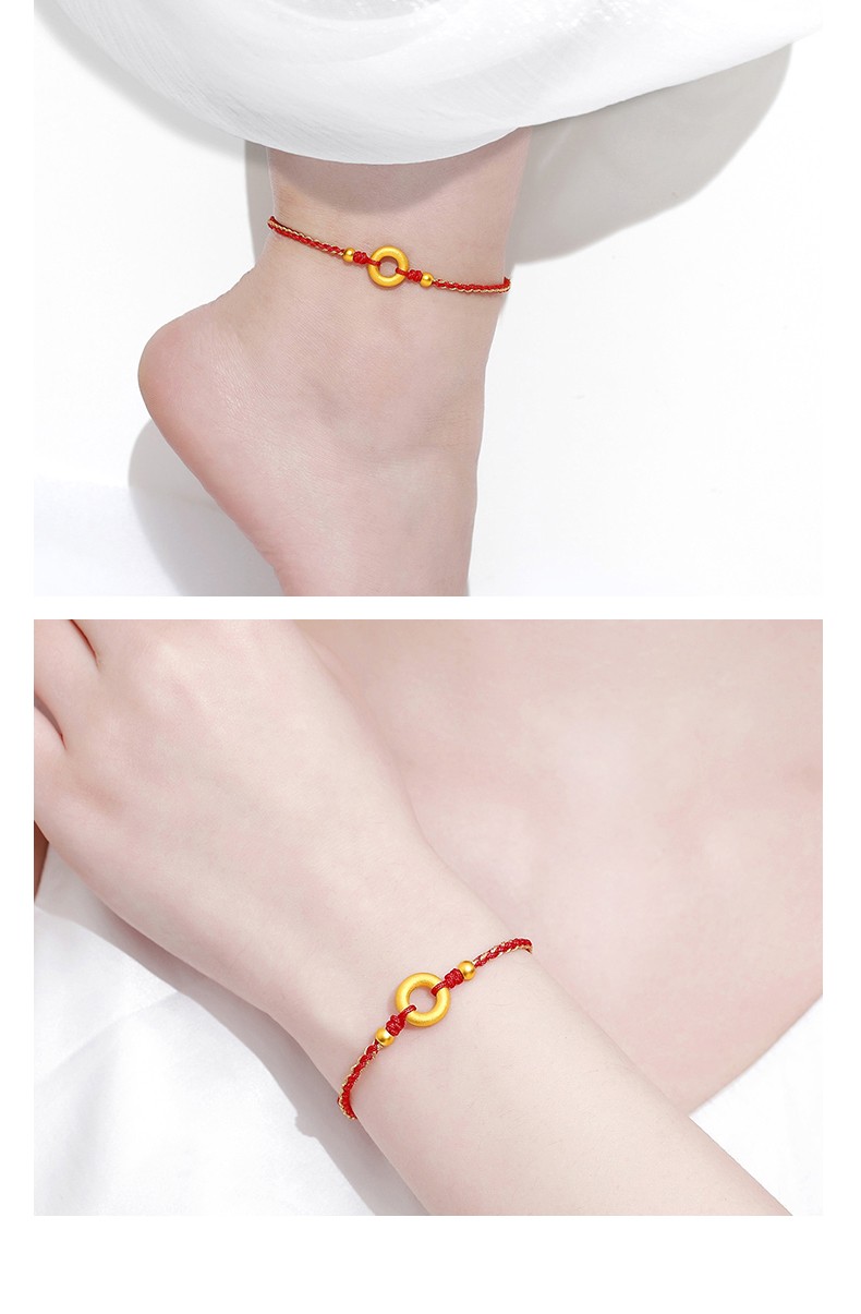 福笑古法平安扣黄金脚链女999足金转运珠红绳脚绳编织情侣男女款c款