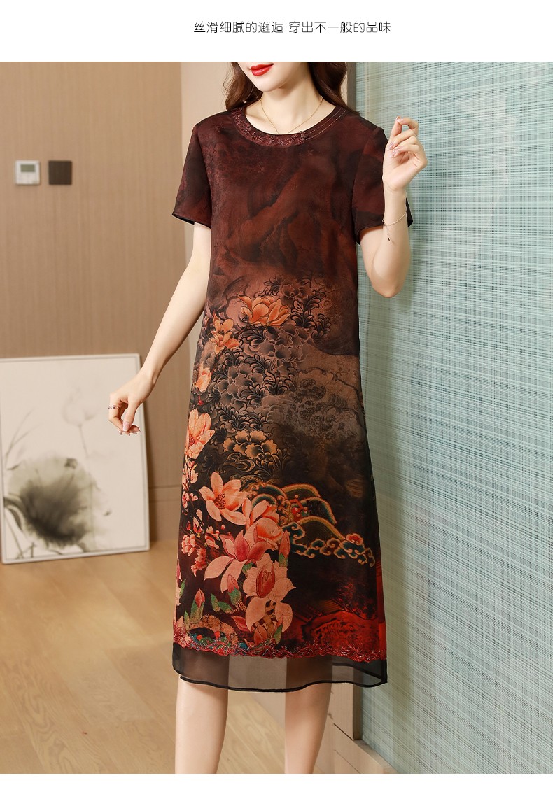 瑟俐品牌大牌香云纱连衣裙夏女装高端奢华正宗花罗桑蚕丝真丝时尚红色