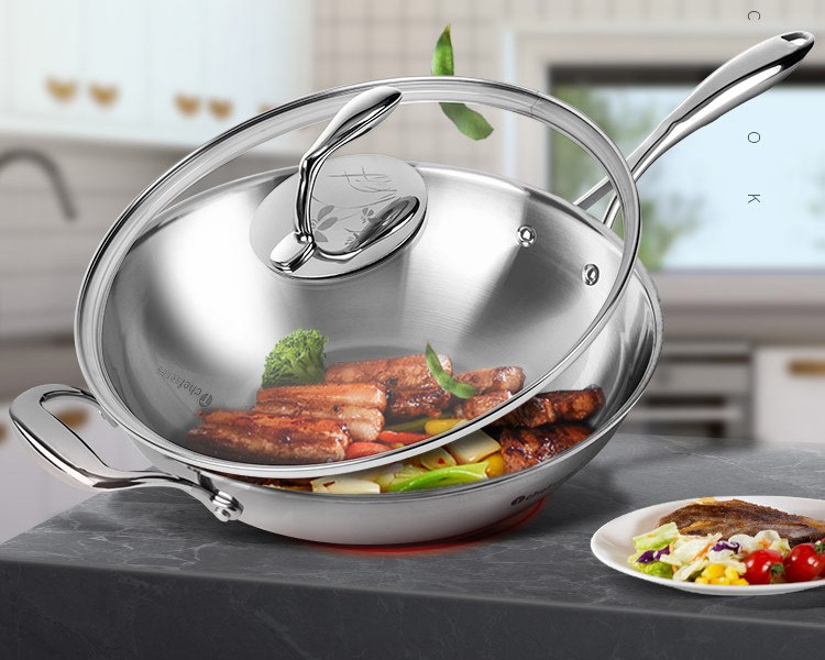 特百惠tupperware特百惠炒锅精钢三层锅304不锈钢电磁炉通用30cm炒锅