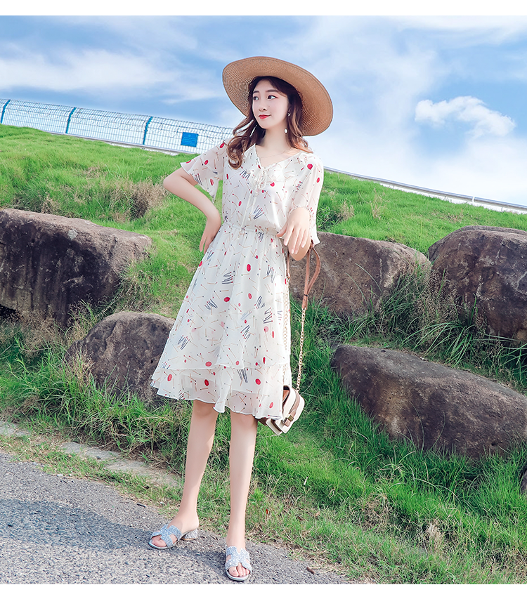 南极人新款雪纺碎花连衣裙女夏季新品中长款收腰显瘦喇叭袖小清新气质