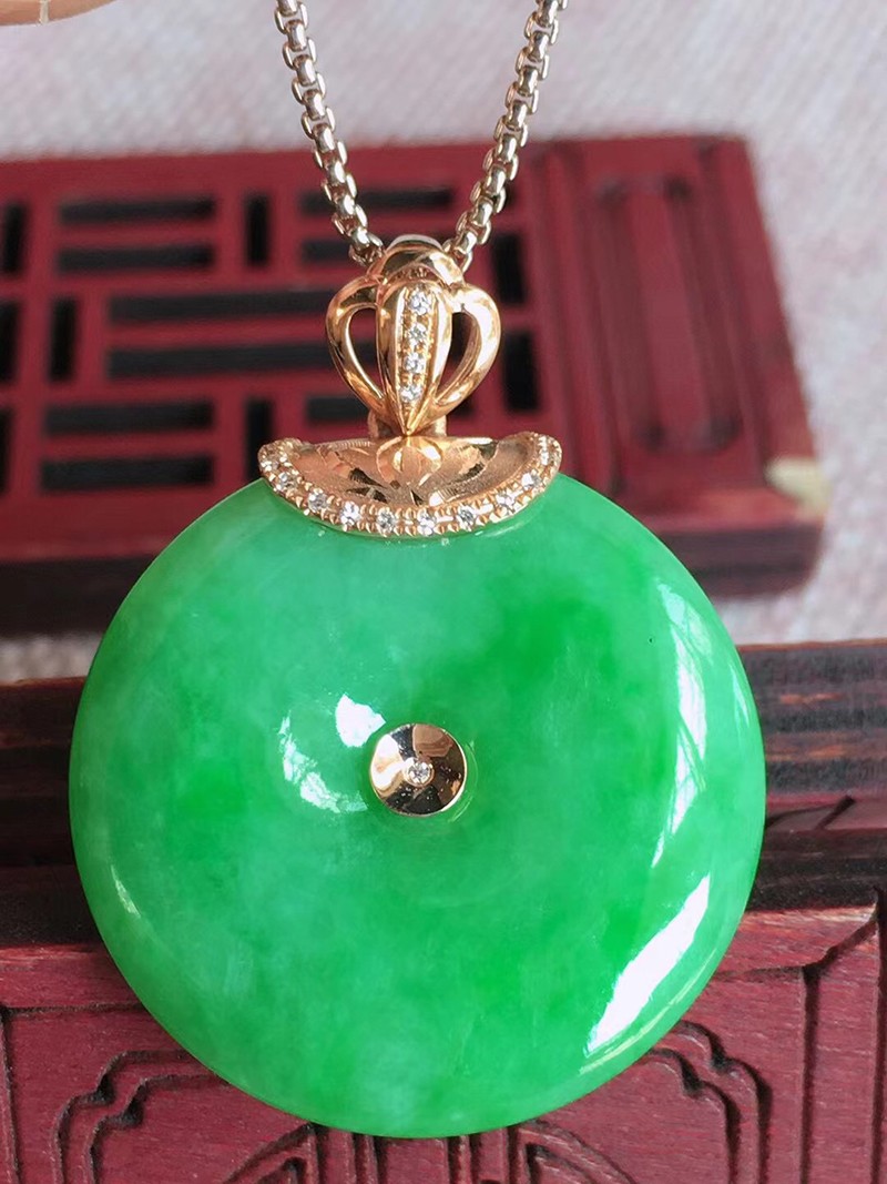 慈心缘 满绿平安扣吊坠 冰种翡翠18k金镶钻缅甸天然a货玉石珠宝送礼裸