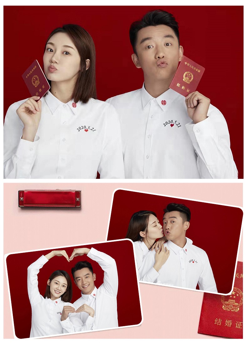 衬衫定制结婚登记证件照情侣装男女长袖棉质白衬衣领证拍照定制刺绣