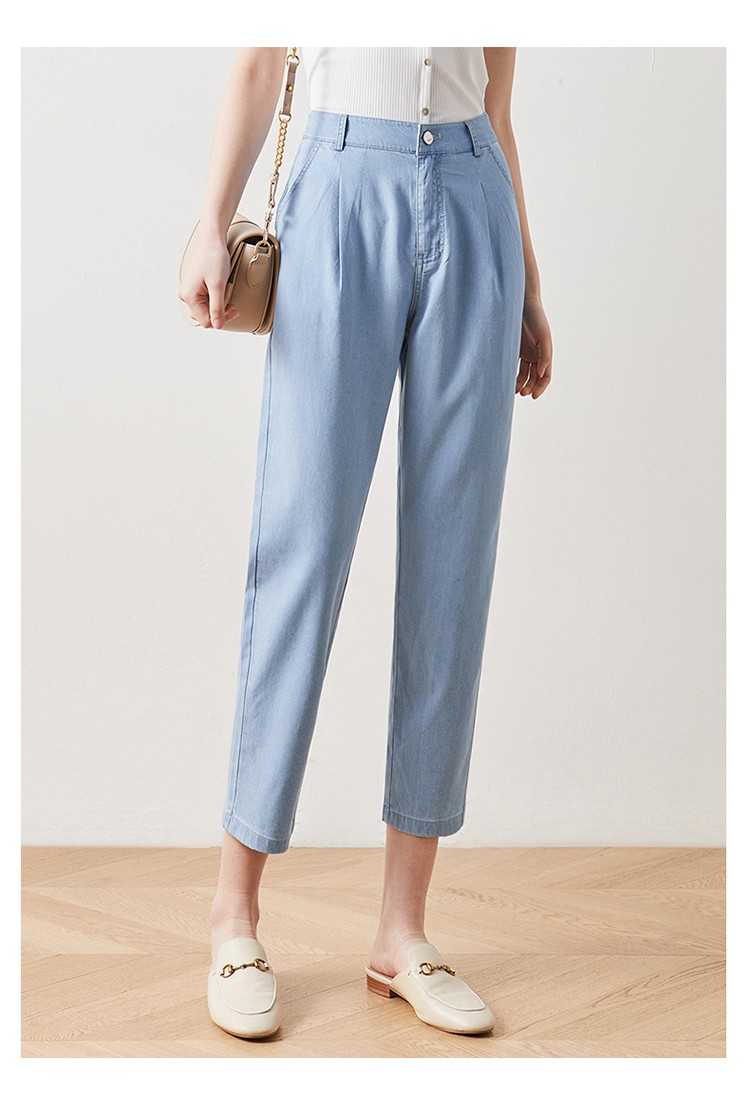 娅丽达冰丝牛仔裤女直筒夏天女裤2021夏季薄款裤子哈伦天丝九分裤蓝色