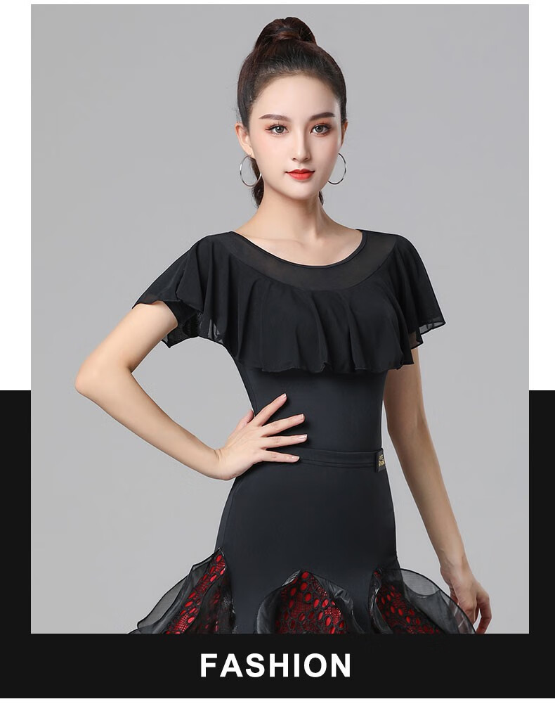 华尔兹上衣荷叶边舞衣蓝色短袖跳舞衣服摩登舞练功服交谊舞女冰丝网纱