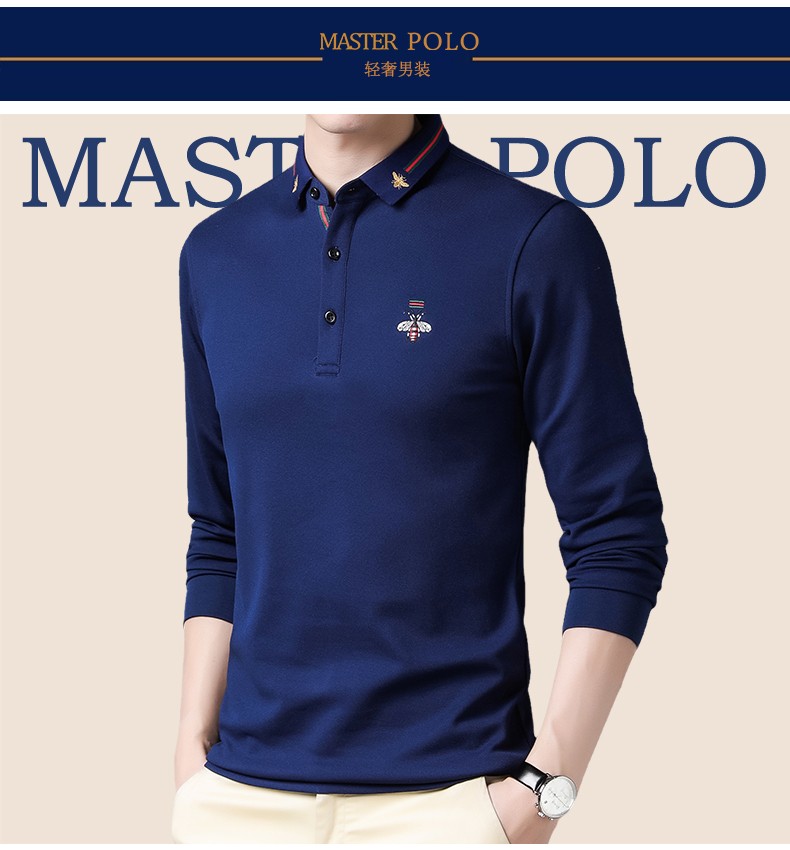 masterpolo美国保罗t恤男士长袖秋季新款小蜜蜂刺绣翻领中年男装8975