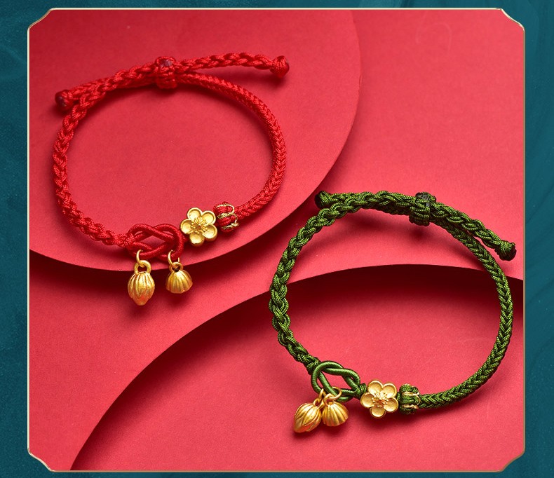 爵迦黄金两世欢莲蓬手链新款小桃花金莲花编绳手绳999足金手链女金莲