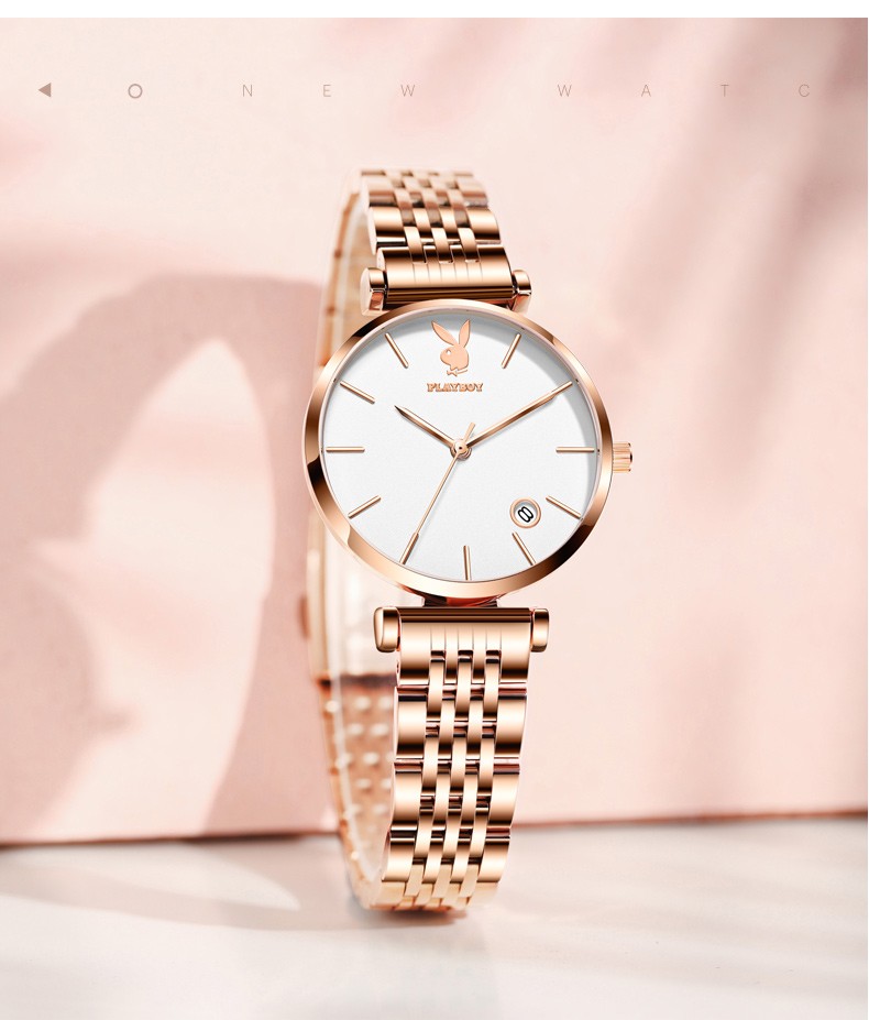 花花公子playboy手表女简约时尚气质钢带防水女士腕表送女友生日礼物