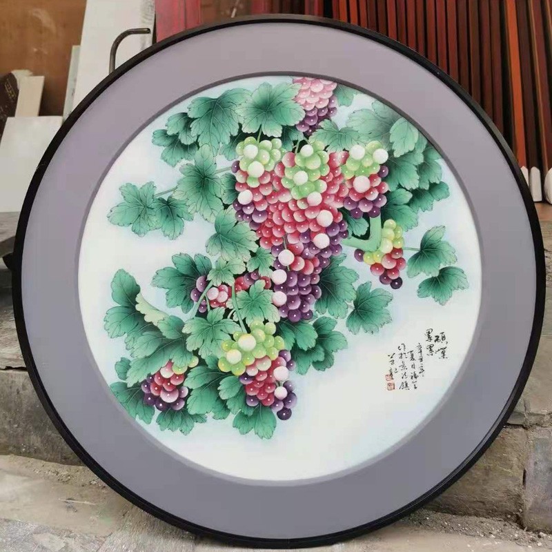 瓷意静景德镇陶瓷酒店挂画玄关壁画实木框手绘山水圆形瓷板画70cm直径