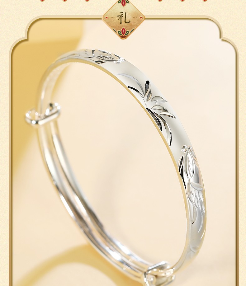 梦祥银双鱼格桑花银手镯女简约时尚银饰实心银镯子女款推拉可调节生日
