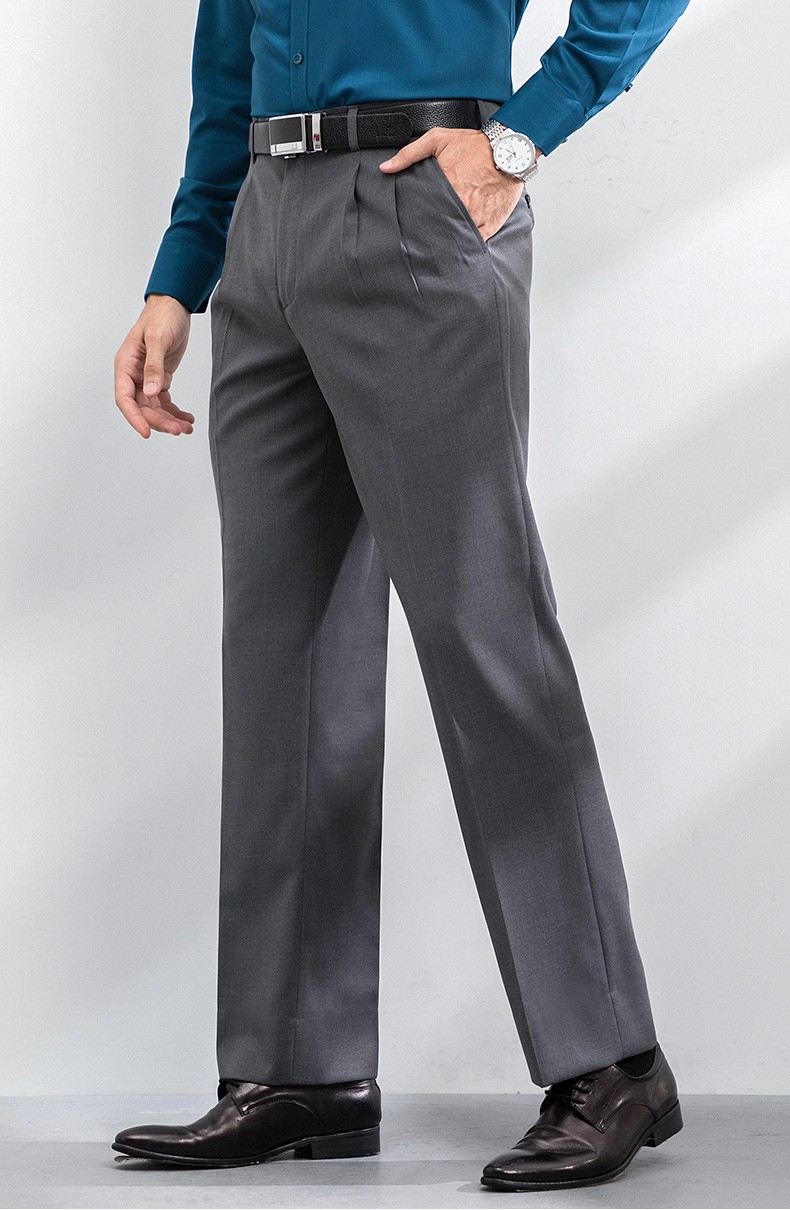 浪登春季商务西裤男中年黑色双褶西服裤子宽松直筒正装裤男士西装裤深