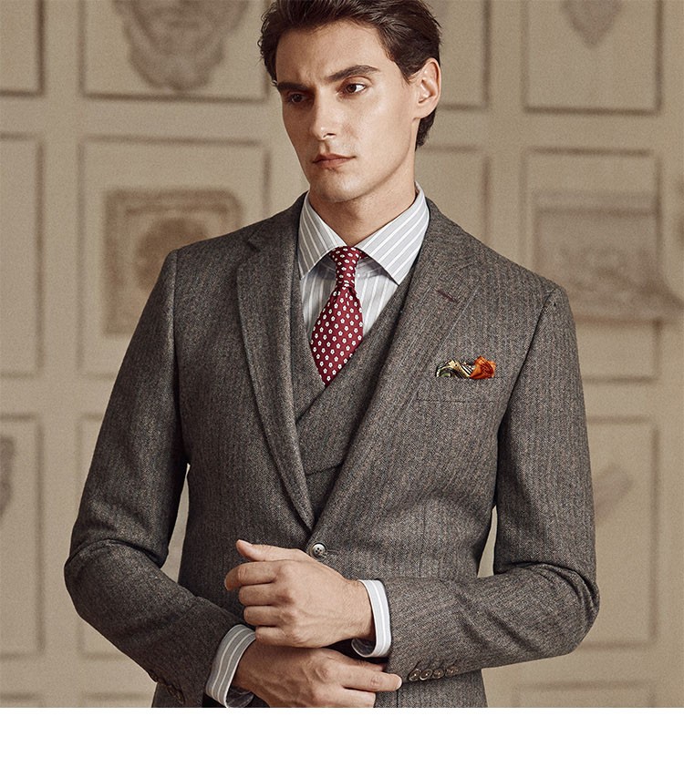 新郎结婚礼服英式正装男士西服棕灰羊毛三件套上衣马甲裤子44a16084a