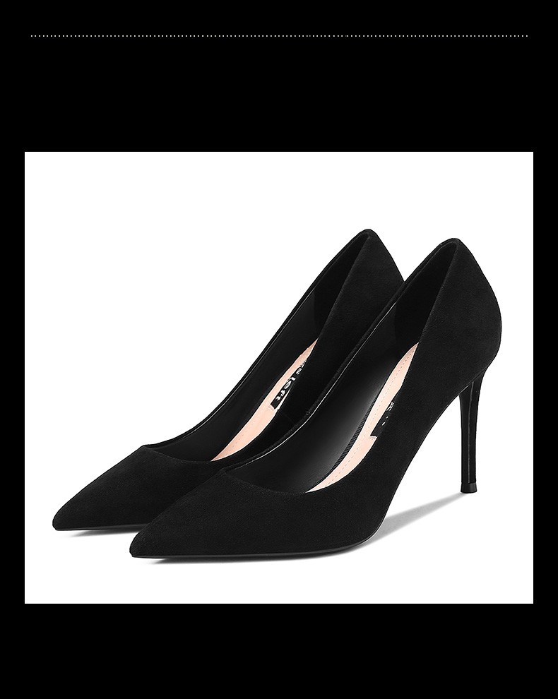 奢迪卡品牌高跟鞋女细跟职业2021春夏季新款黑色羊猄皮尖头浅口磨砂