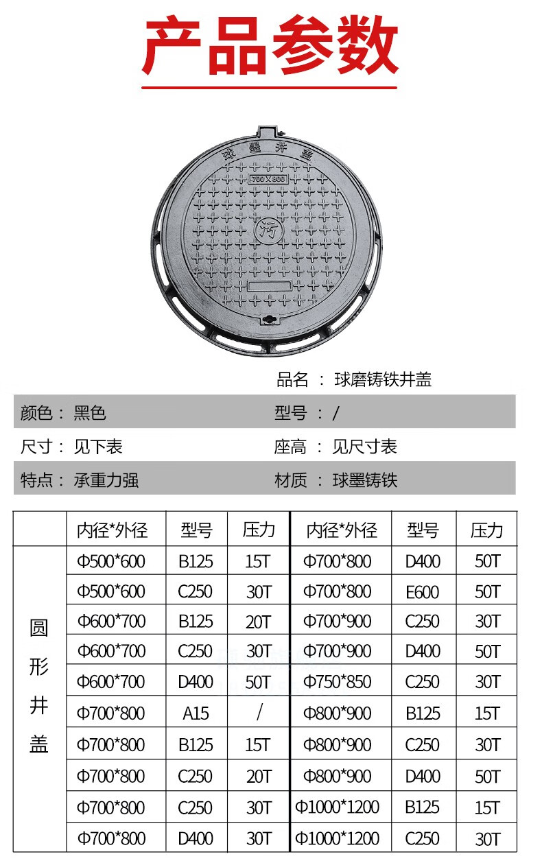 百达慕尚球墨铸铁井盖 圆形700重型方形雨水井窨井盖下水道阴井污水井