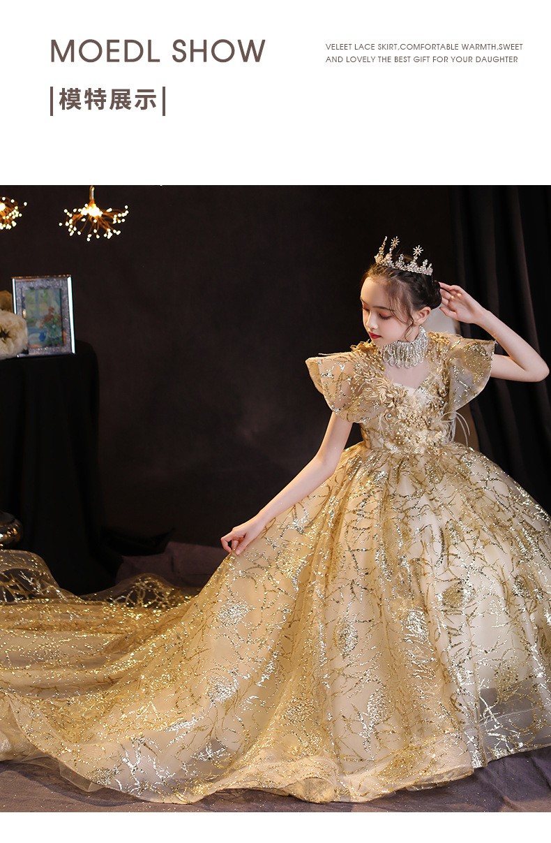 儿童拖尾晚礼服公主裙蓬蓬纱花童婚礼洋气走秀女童钢琴演出服夏季 长