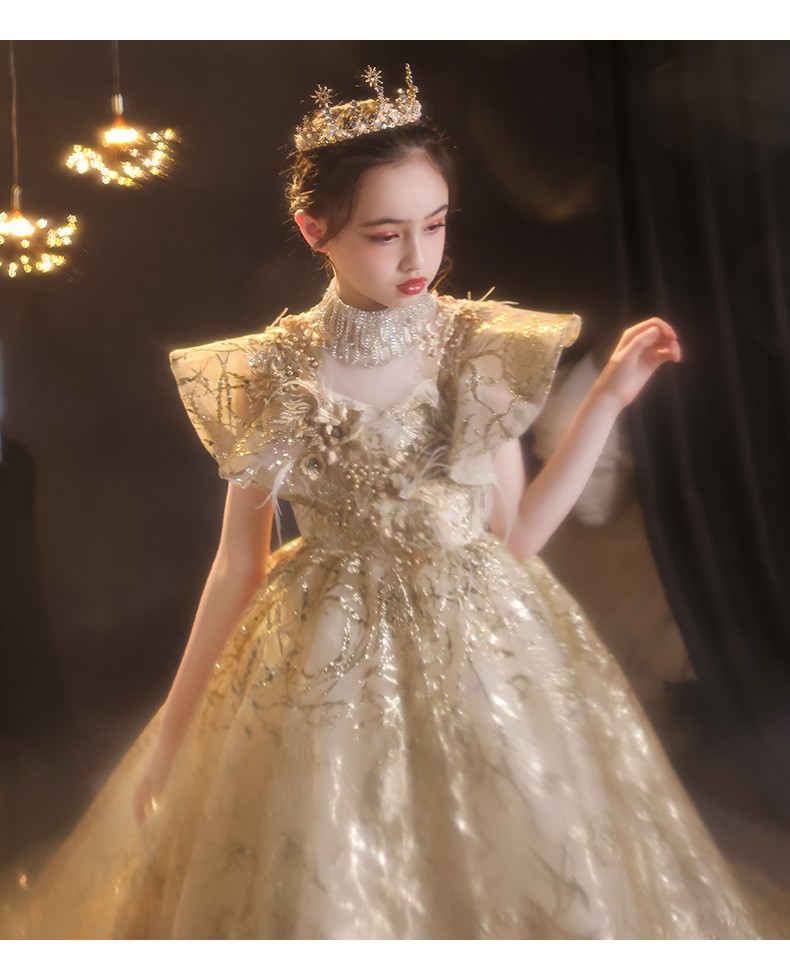 儿童拖尾晚礼服公主裙蓬蓬纱花童婚礼洋气走秀女童钢琴演出服夏季 长