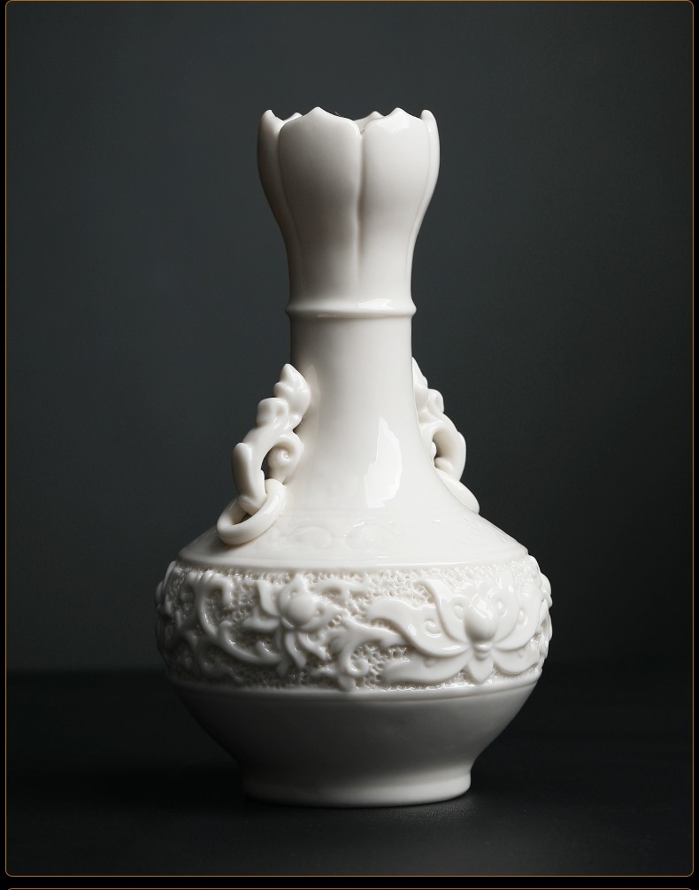 戴玉堂 双耳玉莲瓶大师手工德化白瓷花瓶 办公室居家客厅电视机柜装饰