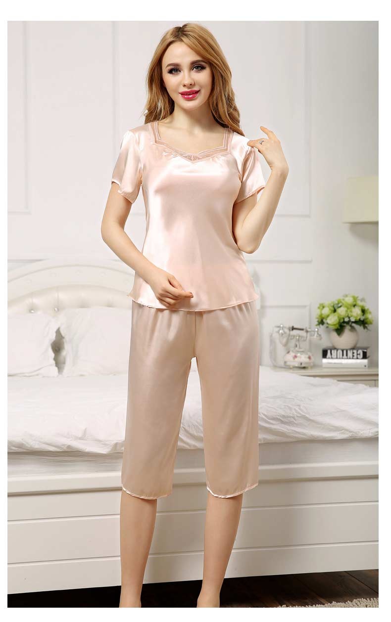 上海故事新款丝绸女式睡衣韩式两件套仿真丝睡衣短袖短裤套装雪芽色m