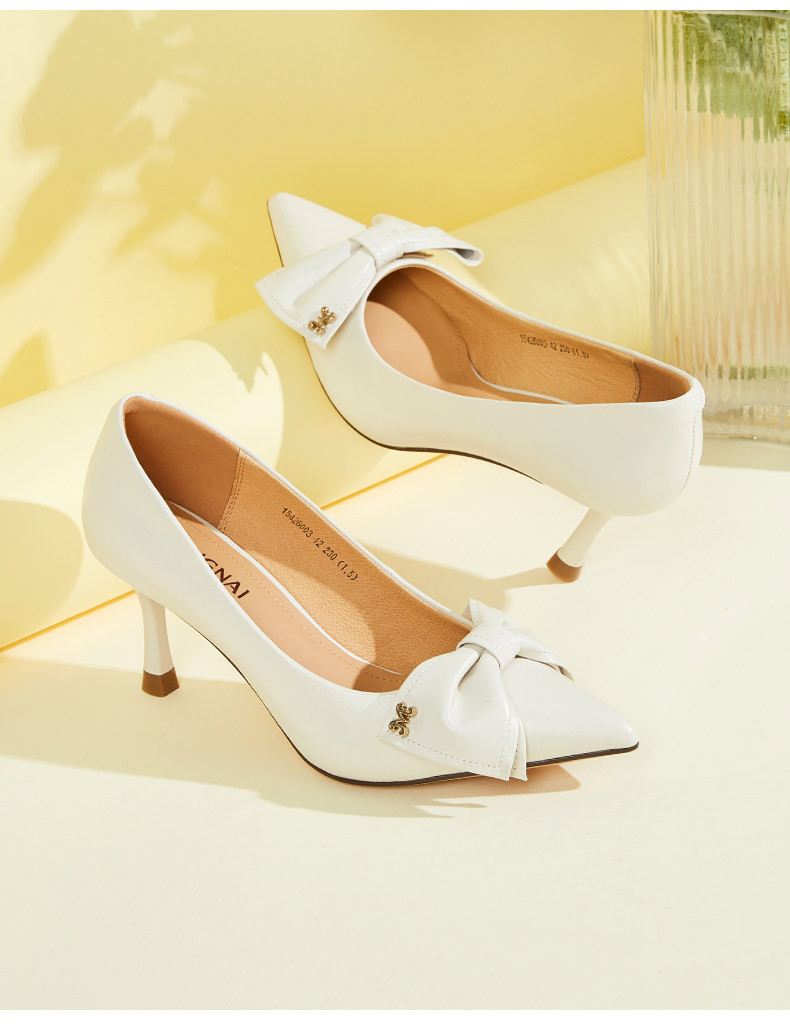 康奈女鞋 2022年秋季新款女士高跟鞋时尚尖头蝴蝶结套脚细跟浅口单鞋