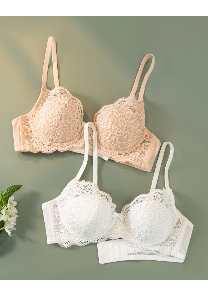 歌力诺小胸内衣女夏季超薄款白色蕾丝文胸法式聚拢防下垂胸罩套装白色