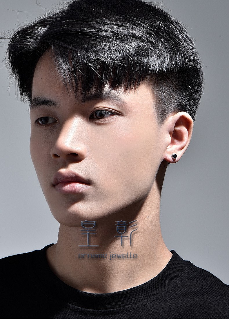 皇彰925银耳钉男潮流个性男款黑色圆形宝石耳环潮男人欧美简约白色