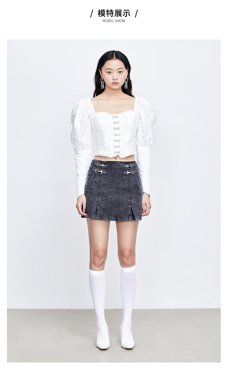 revan芮范夏季设计师款修身时尚多金属搭扣牛仔裙 黑色 m/38【图片