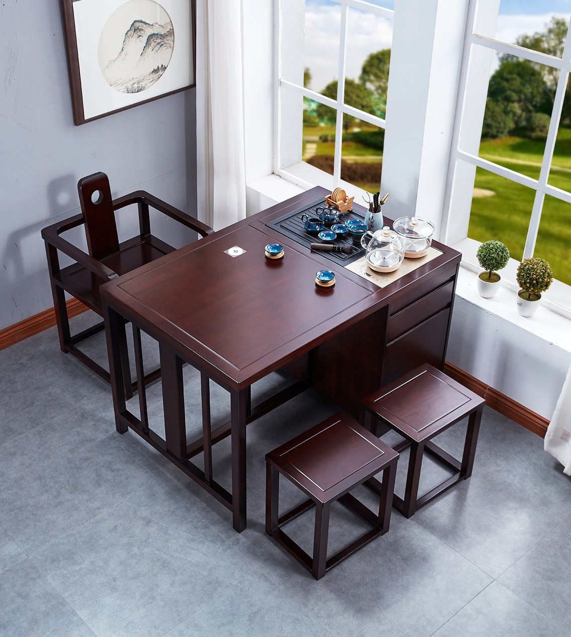 双祥实木小茶桌椅组合茶台桌茶具桌套装火烧石阳台茶桌小型办公桌新