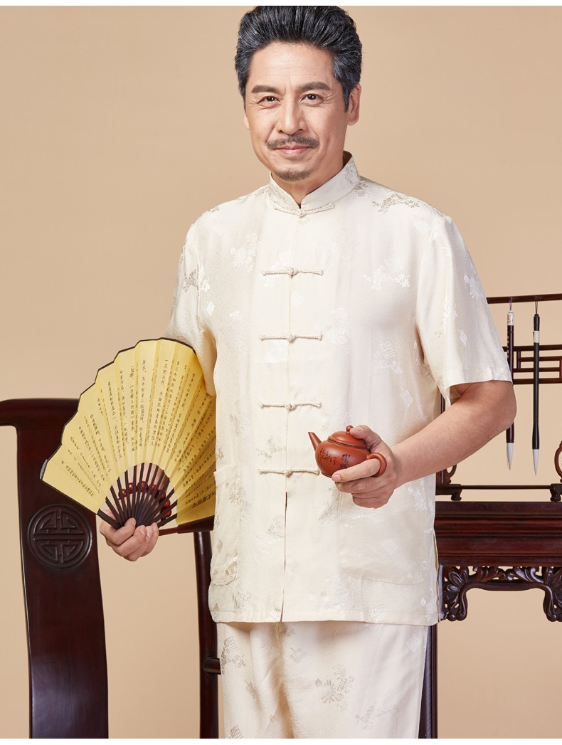 eopn品牌唐装男中国风爸爸装夏季休闲薄款真丝衬衫套装中老年人唐装
