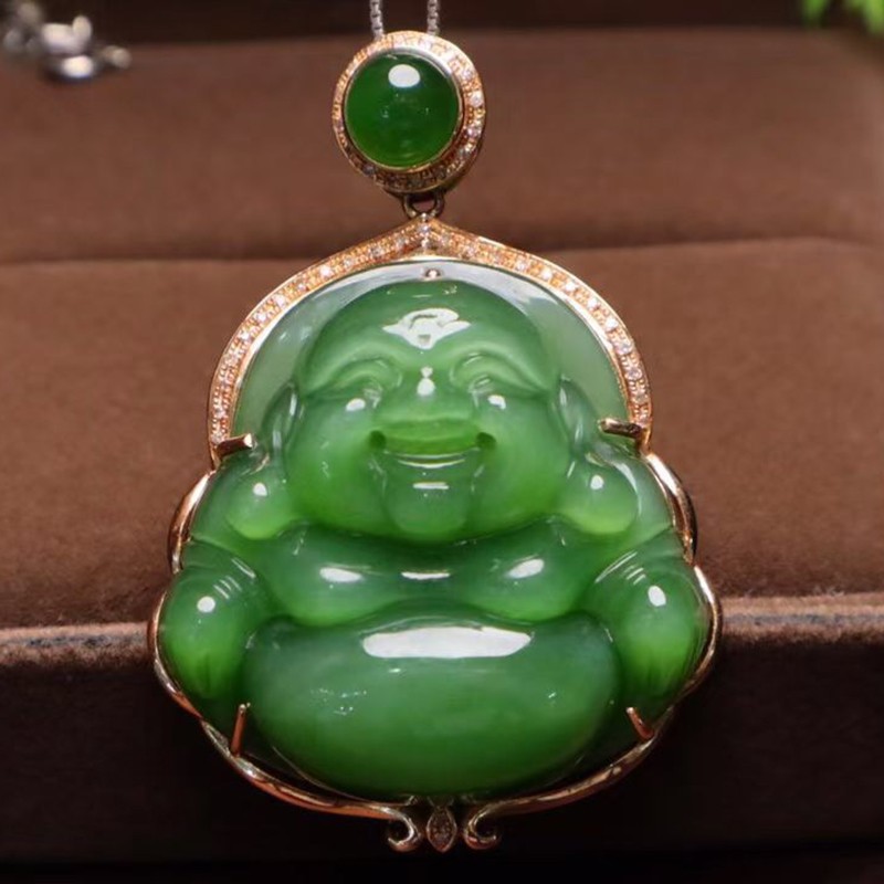 发源地 和田玉碧玉猫眼佛公吊坠 18k金镶嵌女玉坠项链挂件玉牌玉石