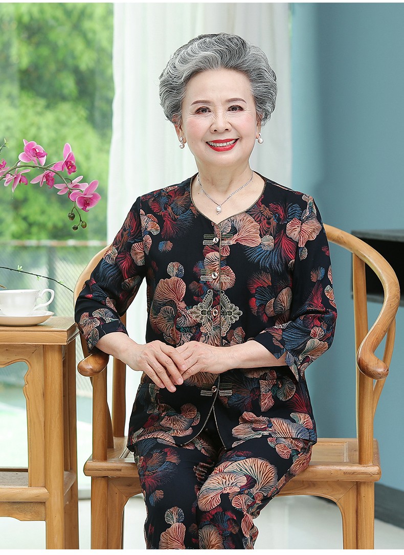 仙碧婷中老年人女装夏装女奶奶棉绸中袖时尚洋气套装70岁80妈妈家居