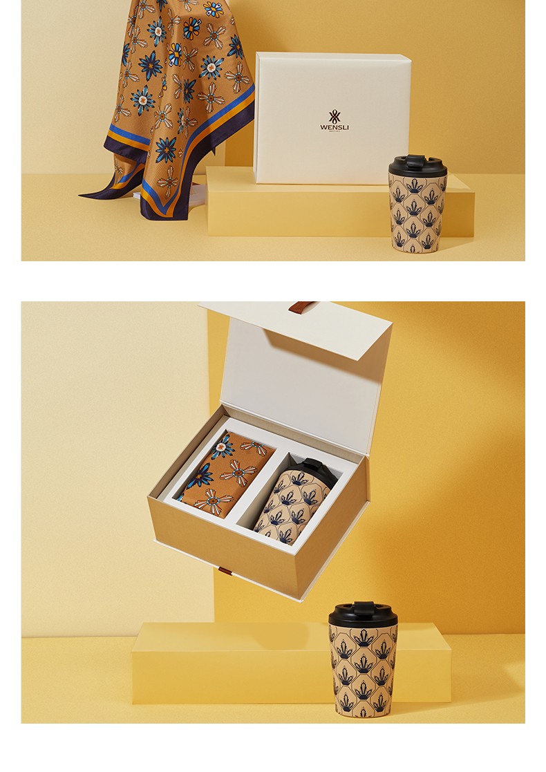 wensli丝巾100%桑蚕丝真丝丝巾双面印花中方巾左岸-随行杯送礼礼盒