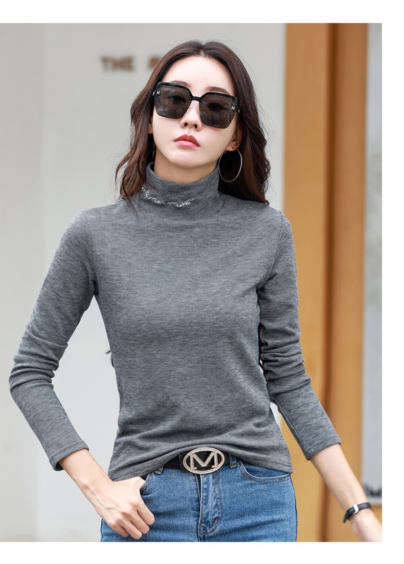 衣领飘飘优雅时尚高领打底衫女装长袖春秋装修身显瘦t恤女式上衣衣服