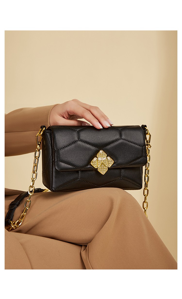 奥康包包女士新款高颜值牛皮小方包链条大容量洋气单肩包黑色